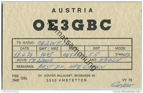 QSL - QTH - Funkkarte - OE3GBC - Amstetten - 1976