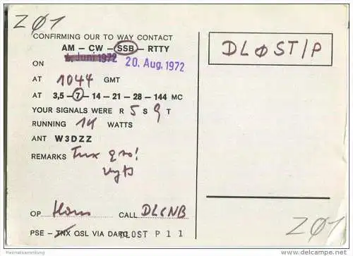 QSL - QTH - Funkkarte - DL0BD/P - VFDB Field Day Station - Bundespost Braunschweig - 1972