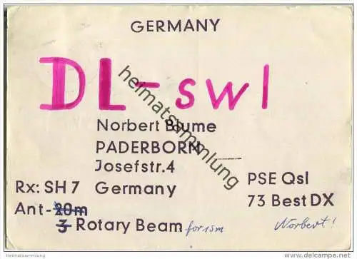 QSL - QTH - Funkkarte - DL-swl - Paderborn - 1959