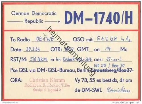 QSL - QTH - Funkkarte - DM-1740/H - Rodleben - Dessau-Roßlau - 1963