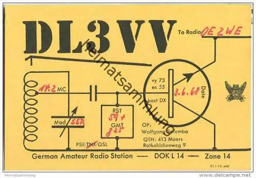 QSL - QTH - Funkkarte - DL3VV - Moers - 1968