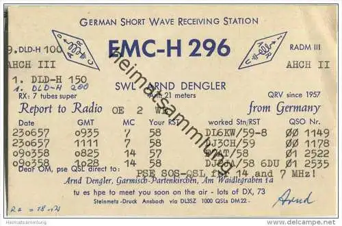 QSL - QTH - Funkkarte - EMC-H 296 - Garmisch-Partenkirchen - 1957 bis 1959
