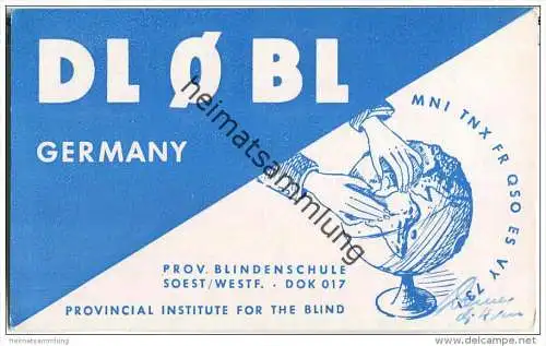 QSL - QTH - Funkkarte - DL0BL - Soest - Prov. Blindenschule - 1958