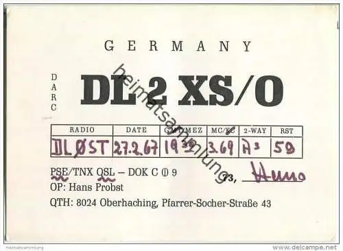 QSL - QTH - Funkkarte - DL2XS/O - Oberhaching - 1967