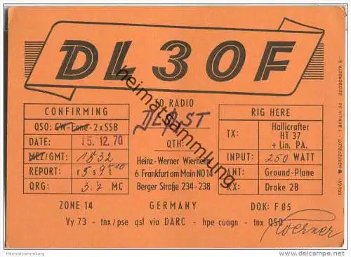 QSL - QTH - Funkkarte - DL3OF - Frankfurt - 1970