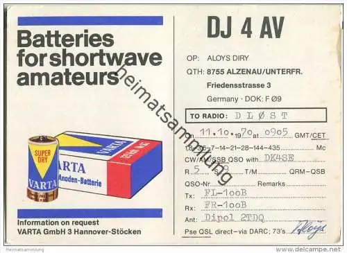 QSL - QTH - Funkkarte - DJ4AV - Alzenau - 1970