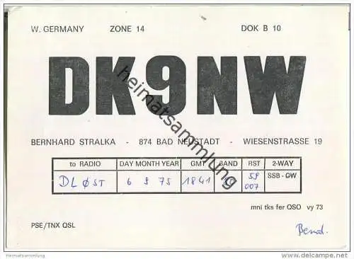 QSL - QTH - Funkkarte - DK9NW - Bad Neustadt an der Saale - 1975