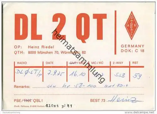 QSL - QTH - Funkkarte - DL2QT - München - 1975