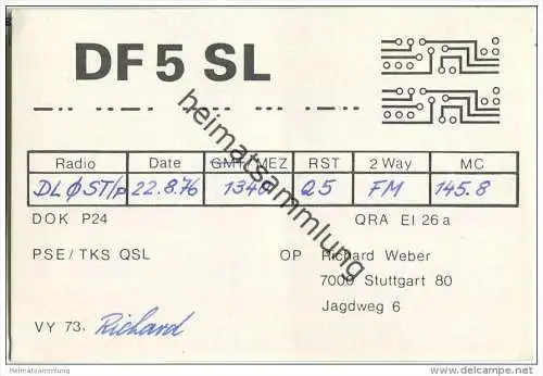 QSL - QTH - Funkkarte - DF5SL - Stuttgart - 1976