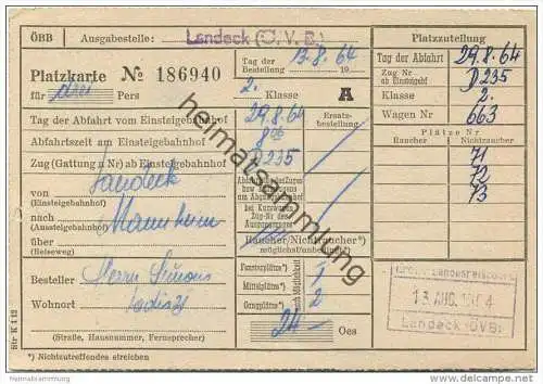 Landeck (Ö.V.B.) - Platzkarte D235 Landeck-Mannheim - ÖBB 1964