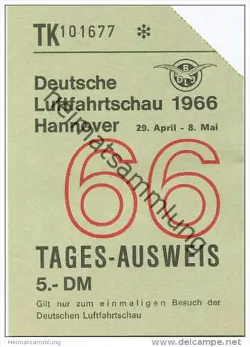 Deutsche Luftfahrtschau Hannover 1966 - 29. April - 8. Mai Tages-Ausweis - Eintrittskarte