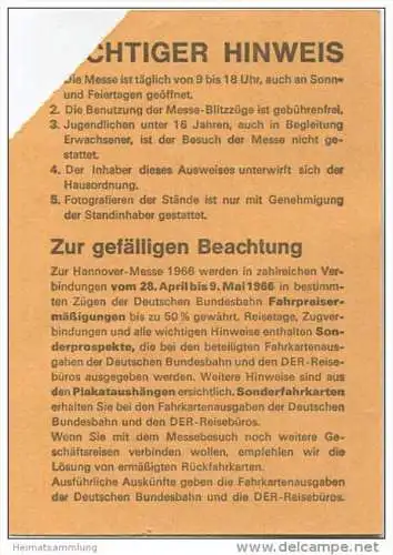 Hannover Messe 1966 - 30. April - 8. Mai Ausweis - Eintrittskarte