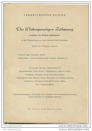 Landestheater Dessau - Spielzeit 1962 Nummer 9 - Der Widerspenstigen Zähmung von William Shakespeare - Walter Martin