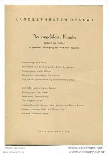 Landestheater Dessau - Spielzeit 1961 Nummer 38 - Der eingebildete Kranke von Molière - Eberhard Kratz
