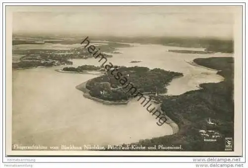 Berlin-Wannsee - Restaurant Blockhaus Nikolskoe Inhaber Rich. Schulte - Pfaueninsel - Foto-AK 1932 Fliegeraufnahme