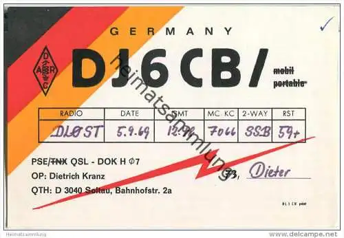 QSL - QTH - Funkkarte - DJ6CB - Soltau - 1969
