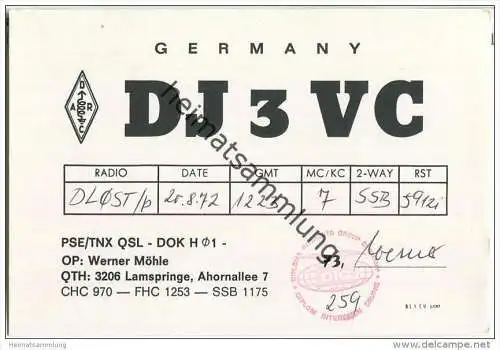 QSL - QTH - Funkkarte - DJ3VC - Lamspringe - 1972