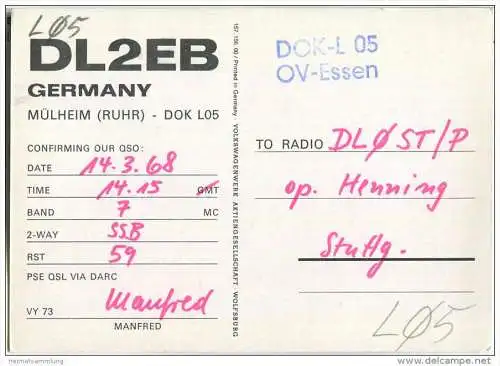 QSL - QTH - Funkkarte - DL2EB - Mülheim an der Ruhr - Volkswagen - 1968