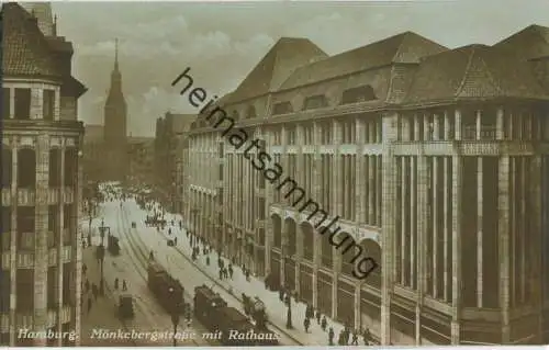Hamburg - Mönckebergstrasse mit Rathaus - Strassenbahn - Foto-AK - Verlag von C. Worzedialeck Hamburg