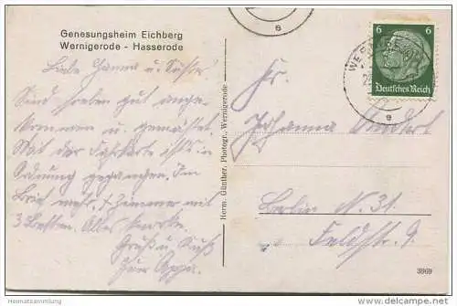 Wernigerode Hasserode - Genesungsheim Eichberg - Verlag Herm. Günther Wernigerode gel. 1937