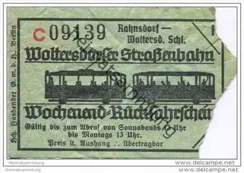 Fahrschein - Woltersdorf - Woltersdorfer Strassenbahn - Wochenend-Rückfahrschein - Rahnsdorf Woltersdorfer Schleuse