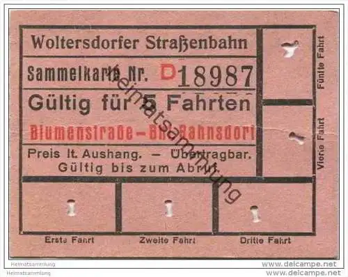 Fahrschein - Woltersdorf - Woltersdorfer Strassenbahn - Sammelkarte - Fahrkarte - Gültig für 5 Fahrten - Blumenstrase