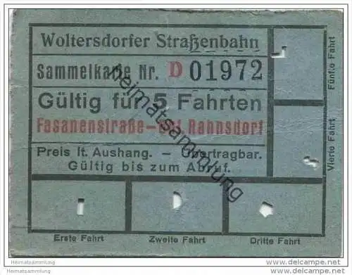 Fahrschein - Woltersdorf - Woltersdorfer Strassenbahn - Sammelkarte - Fahrkarte - Gültig für 5 Fahrten - Fasanenstrasse