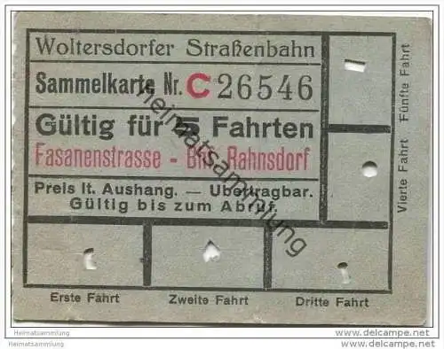 Fahrschein - Woltersdorf - Woltersdorfer Strassenbahn - Sammelkarte - Fahrkarte - Gültig für 5 Fahrten - Fasanenstrasse