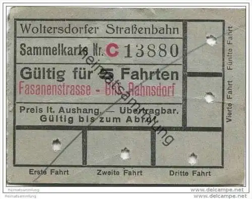 Fahrschein - Woltersdorf - Woltersdorfer Strassenbahn - Sammelkarte - Fahrkarte - Gültig für 5 Fahrten - Fasanenstrasse