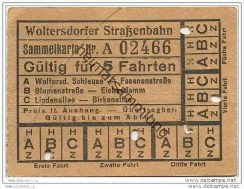 Fahrschein - Woltersdorf - Woltersdorfer Strassenbahn - Sammelkarte - Fahrkarte Gültig für 5 Fahrten auf allen Strecken