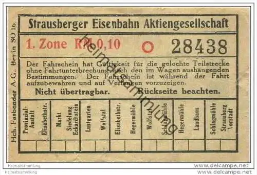 Fahrschein - Strausberg - Strausberger Eisenbahn Aktiengesellschaft - Fahrschein 1. Zone RM 0,10
