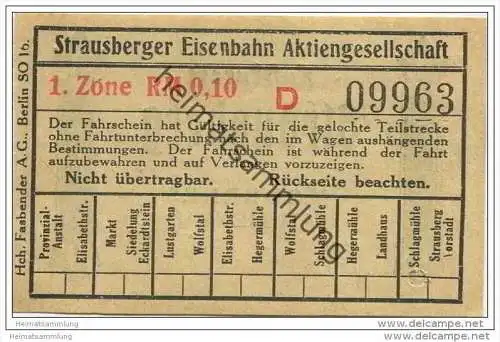 Fahrschein - Strausberg - Strausberger Eisenbahn Aktiengesellschaft - Fahrschein 1. Zone RM 0,10