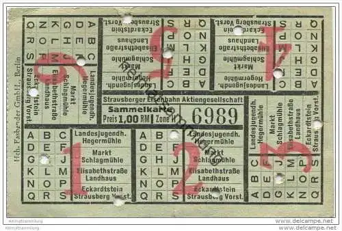 Fahrschein - Strausberg - Strausberger Eisenbahn Aktiengesellschaft - Fahrschein Sammelkarte Preis 1,00 RM Zone II