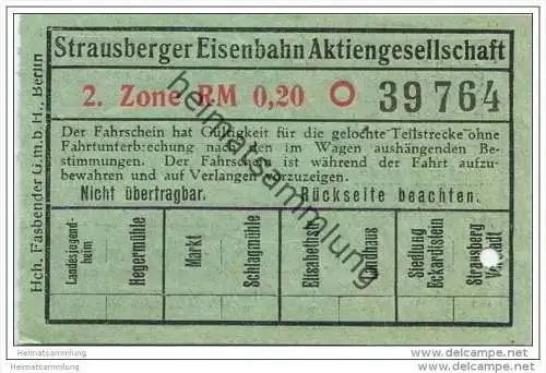 Fahrkarte - Strausberg - Strausberger Eisenbahn Aktiengesellschaft - Fahrschein 2. Zone RM 0,20