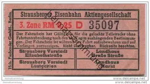 Fahrkarte - Strausberg - Strausberger Eisenbahn Aktiengesellschaft - Fahrschein 3. Zone RM 0,25