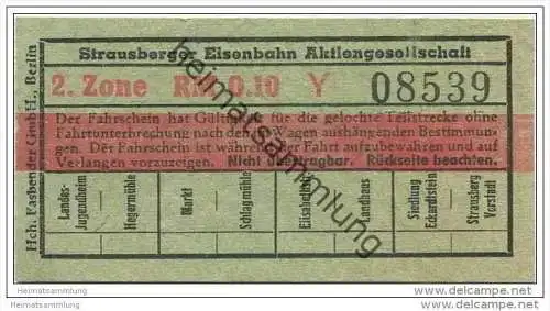 Fahrkarte - Strausberg - Strausberger Eisenbahn Aktiengesellschaft - Fahrschein 2. Zone RM 0.10