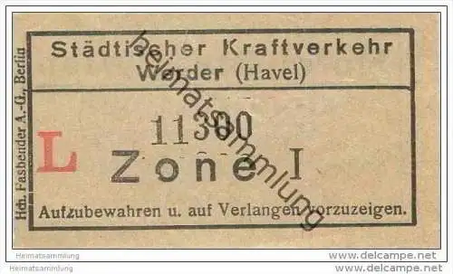 Fahrkarte - Werder - Städtischer Kraftverkehr Werder (Havel) - Fahrschein Zone I - rückseitig Werbung Hotel Stadt Wien