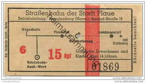 Fahrkarte - Brandenburg-Plaue - Strassenbahn der Stadt Plaue - Betriebsleitung Brandenburg (Havel) Bauhof-Strasse 18