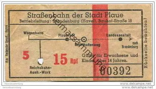Fahrkarte - Brandenburg-Plaue - Strassenbahn der Stadt Plaue - Betriebsleitung Brandenburg (Havel) Bauhof-Strasse 18