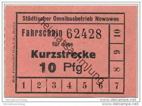 Fahrkarte - Nowawes - Städtischer Omnibusbetrieb Nowawes - Fahrschein für eine Kurzstrecke 10 Pfg.