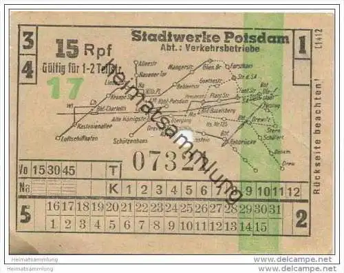 Fahrkarte - Potsdam - Stadtwerke Potsdam - Abt. Verkehrsbetriebe - Fahrschein 15Rpf. 1-2 Teilstrecken