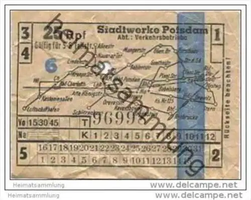 Fahrkarte - Potsdam - Stadtwerke Potsdam - Abt. Verkehrsbetriebe - Fahrschein 25Rpf. 5-6 Teilstrecken