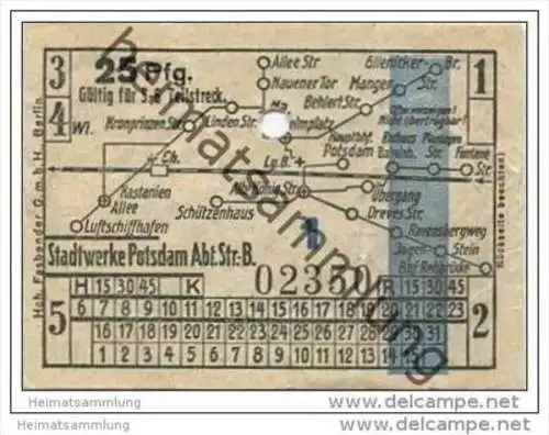 Fahrkarte - Potsdam - Stadtwerke Potsdam - Abt. Str. B. - Strassenbahn-Fahrschein 25Rpf. 5-6 Teilstrecken