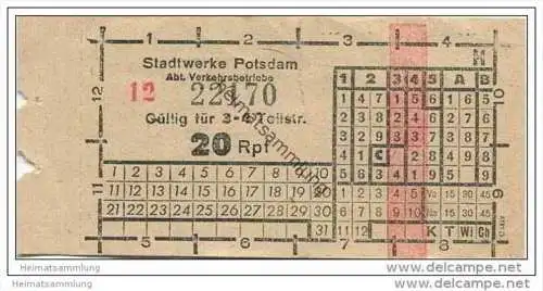 Fahrkarte - Potsdam - Stadtwerke Potsdam - Abt. Verkehrsbetriebe - Fahrschein 20Rpf. 3-4 Teilstrecken