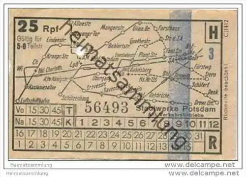 Fahrkarte - Potsdam - Stadtwerke Potsdam - Abt. Verkehrsbetriebe - Fahrschein 25Rpf. 5-6 Teilstrecken