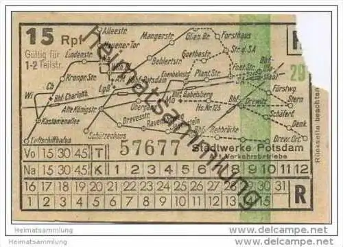 Fahrkarte - Potsdam - Stadtwerke Potsdam - Abt. Verkehrsbetriebe - Fahrschein 15Rpf. 1-2 Teilstrecken