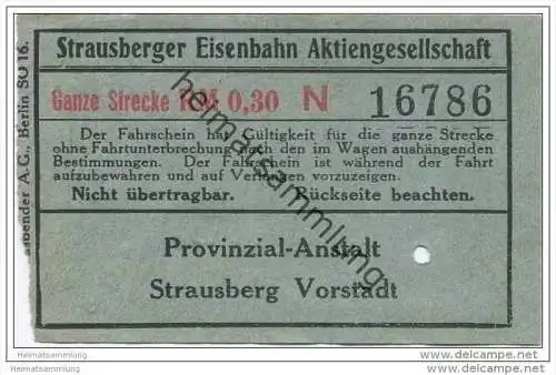 Fahrkarte - Strausberg - Strausberger Eisenbahn Aktiengesellschaft - Ganze Strecke Fahrschein RM 0.30 N
