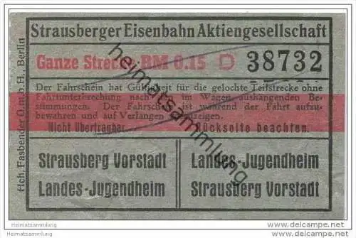 Fahrkarte - Strausberg - Strausberger Eisenbahn Aktiengesellschaft - Ganze Strecke Fahrschein RM 0.15