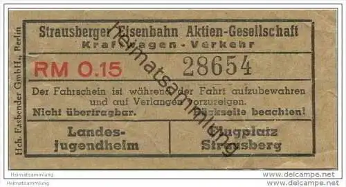 Fahrkarte - Strausberg - Strausberger Eisenbahn Aktien-Gesellschaft - Kraftwagen Verkehr - Fahrschein RM 0.15