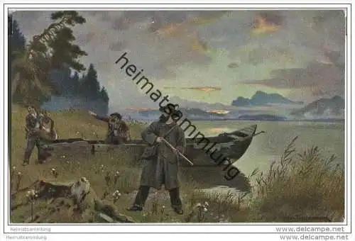 Jagd - Wilderer - Jäger - Boot - Künstlerkarte August Wilhelm Dieffenbacher